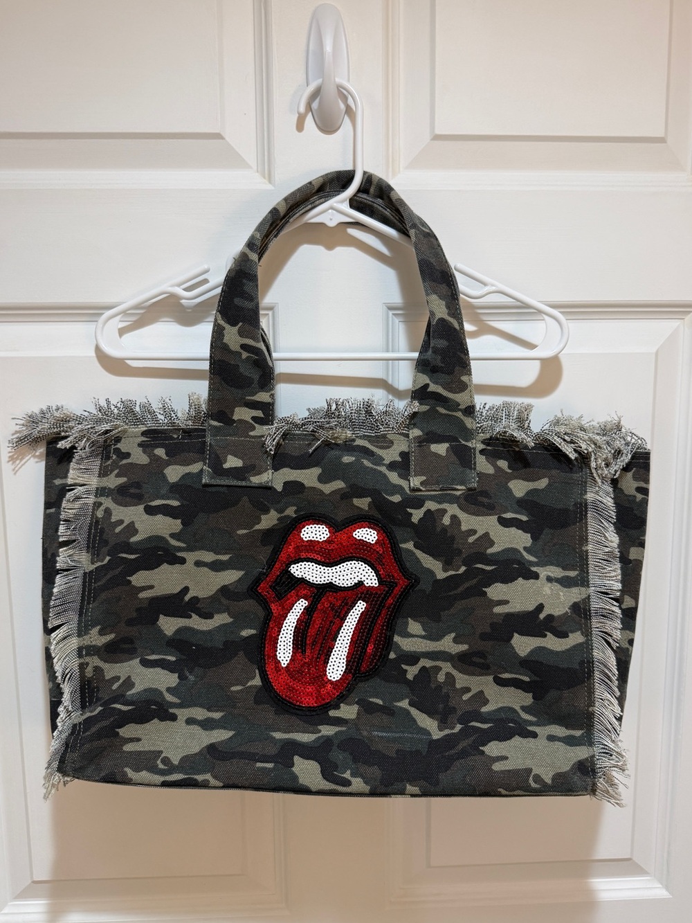 Camo Frayed Tote with Red Sequin Lip Patch